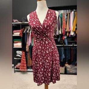 Red and cream sleeveless faux wrap dress; size medium petite